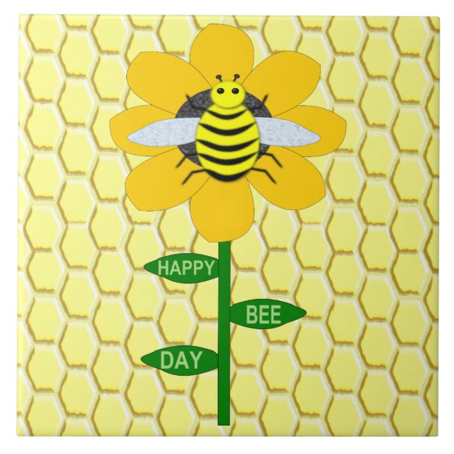 Happy Bee Day Birthday Bumblebee Ceramic Tile (Front)