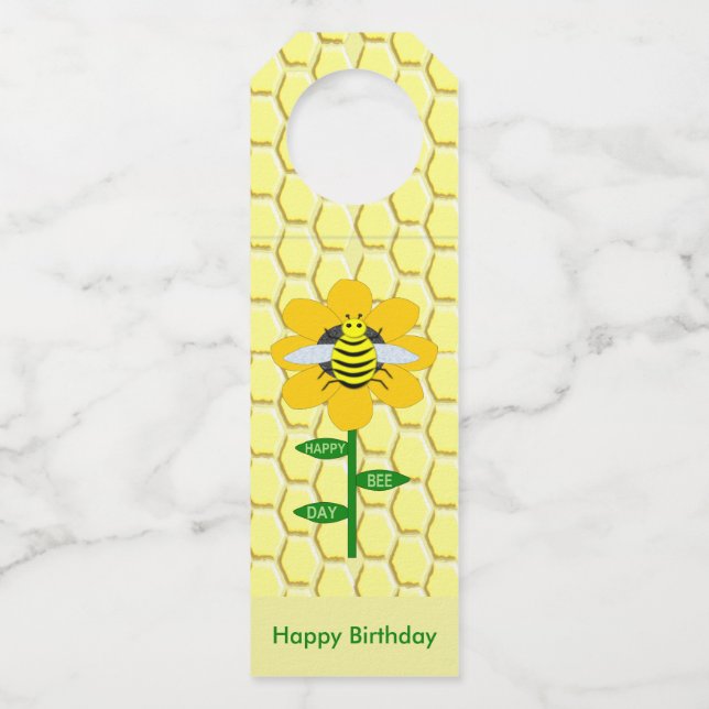 Happy Bee Day Birthday Bumblebee Custom Bottle Tag (Front)