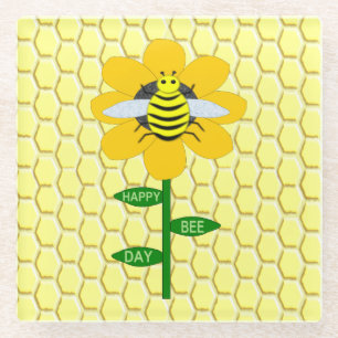 Happy Bee Day Birthday Bumblebee Glass Coaster