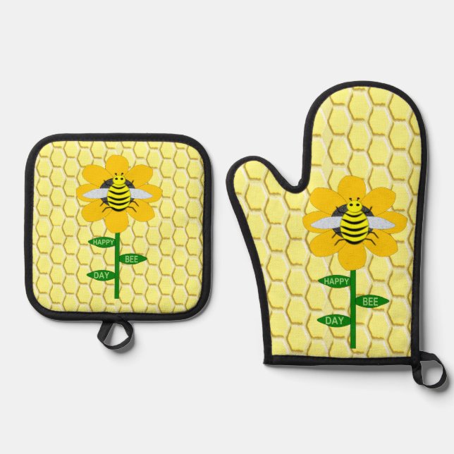 Happy Bee Day Birthday Bumblebee Oven Mitt & Pot Holder Set (Front)