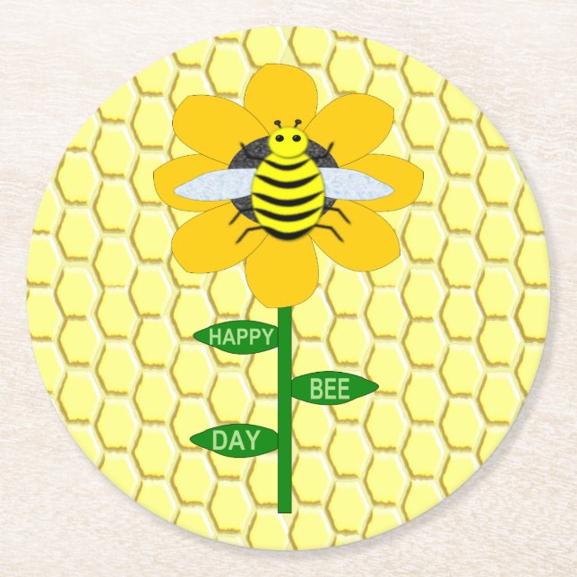 Happy Bee Day Birthday Bumblebee Round Paper Coaster (Front)