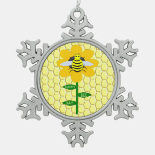 Happy Bee Day Birthday Bumblebee Snowflake Pewter Christmas Ornament