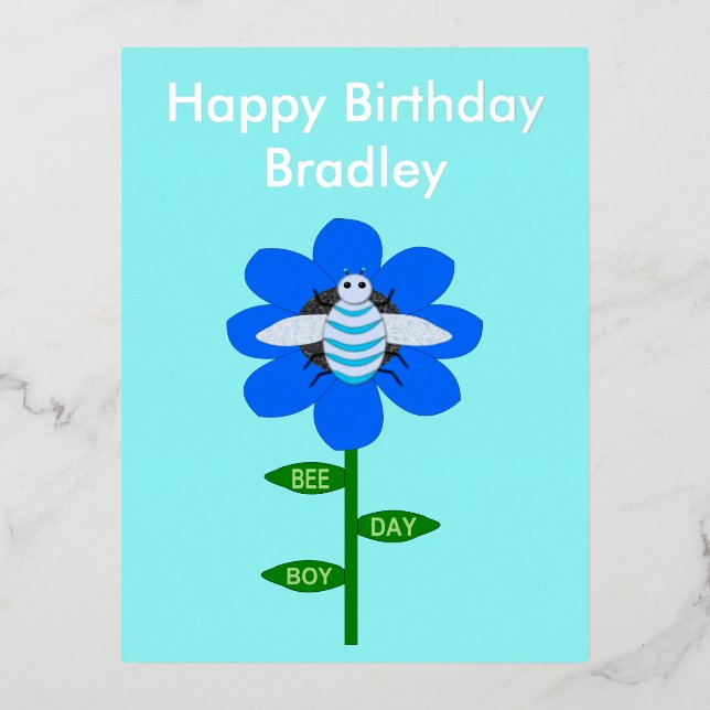 Happy Bee Day Boy Blue Birthday Bumblebee Custom Foil Holiday Postcard (Front)