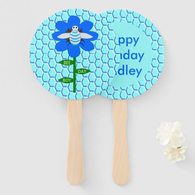 Happy Bee Day Boy Blue Birthday Bumblebee  Custom Hand Fan (Front and Back)