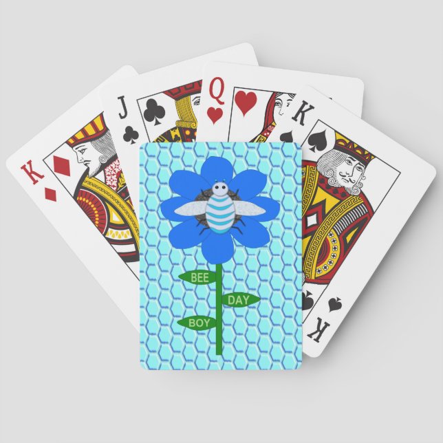 Happy Bee Day Boy Blue Birthday Bumblebee Playing Cards (Back)