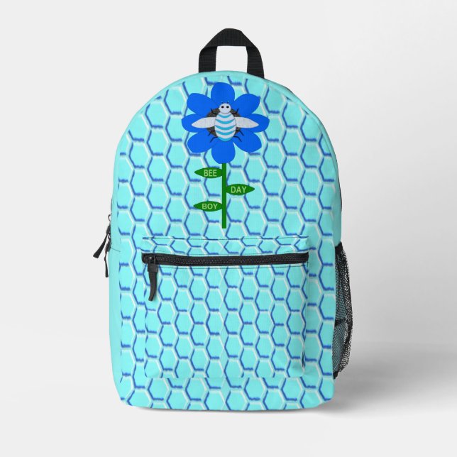 Happy Bee Day Boy Blue Birthday Bumblebee Printed Backpack (Front)