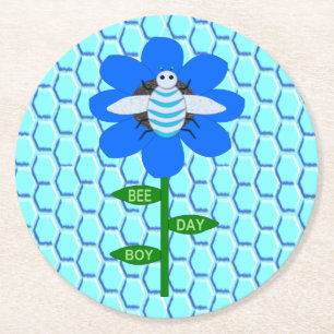 Happy Bee Day Boy Blue Birthday Bumblebee Round Paper Coaster