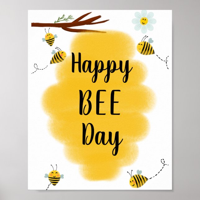 Happy Bee Day  | Bumble Bee Birthday Party Sign (Front)