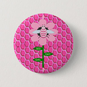 Happy Bee Day Girl Pink Birthday Bumblebee 6 Cm Round Badge