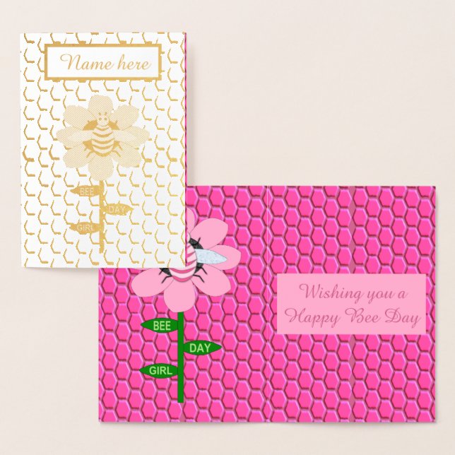 Happy Bee Day Girl Pink Birthday Bumblebee Custom Foil Card (Display)