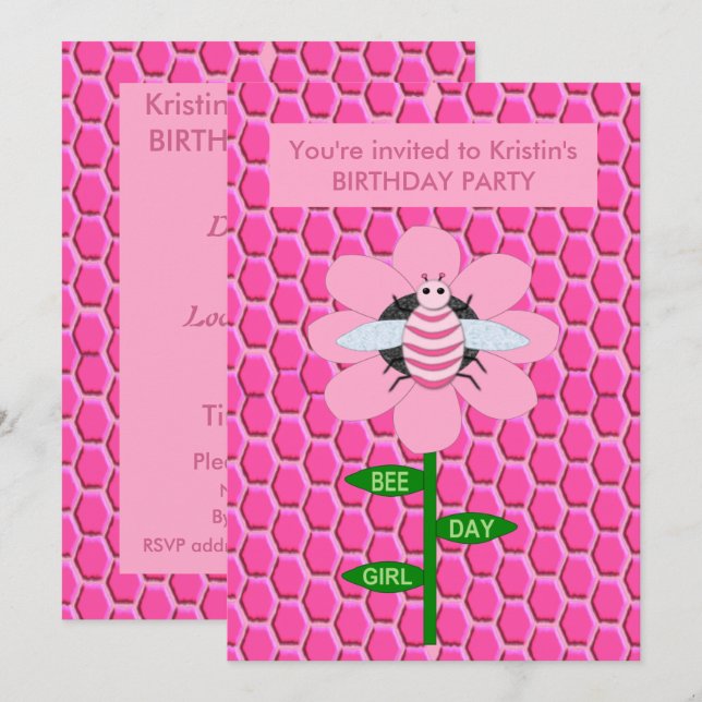Happy Bee Day Girl Pink Birthday Bumblebee Custom Invitation (Front/Back)