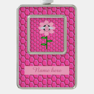 Happy Bee Day Girl Pink Birthday Bumblebee Custom Silver Plated Framed Ornament