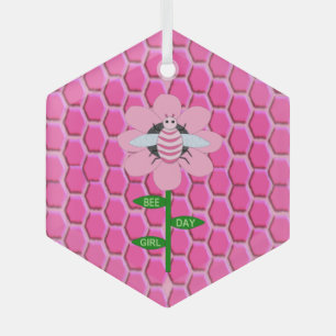 Happy Bee Day Girl Pink Birthday Bumblebee Glass Tree Decoration