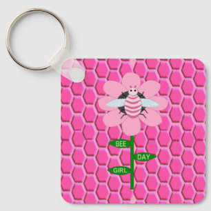Happy Bee Day Girl Pink Birthday Bumblebee Keychai Key Ring