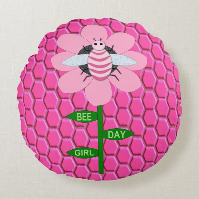 Happy Bee Day Girl Pink Birthday Bumblebee Round Cushion (Front)