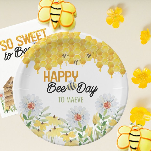 Happy Bee Day to .. Kids Bee Themed Birthday Party Paper Plate (Happy Bee-Day! Bee birthday party paper plate with honecomb, bumblebees and flowers)