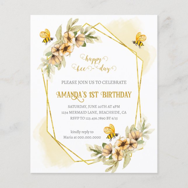 Happy Bee-day Watercolor Birthday Invitation Flyer (Front)