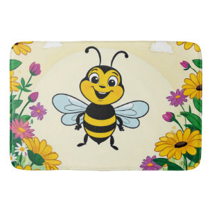 Happy Bee In Colourful  Flowers  Bath Mat