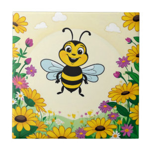 Happy Bee In Colourful Flowers Ceramic Tile