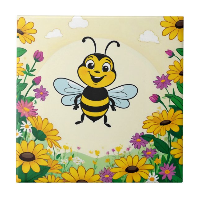Happy Bee In Colourful  Flowers  Ceramic Tile (Front)