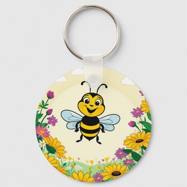 Happy Bee In Colourful  Flowers  Key Ring (Front)