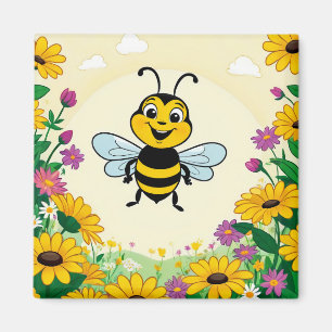 Happy Bee In Colourful Flowers Magnet