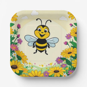 Happy Bee In Colourful Flowers Paper Plate