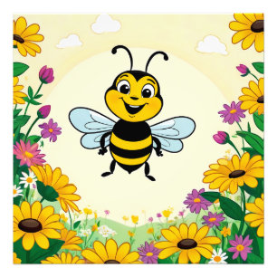 Happy Bee In Colourful  Flowers  Photo Print