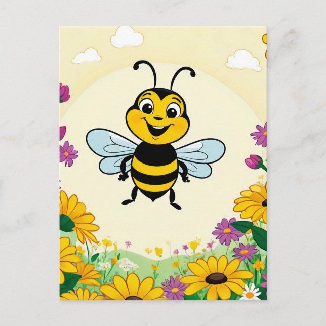 Happy Bee In Colourful  Flowers  Postcard (Front)