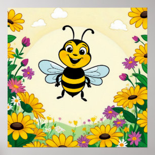 Happy Bee In Colourful Flowers Poster