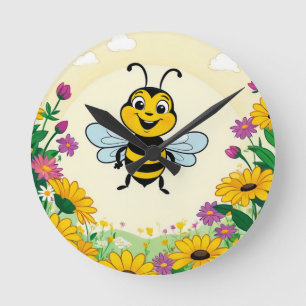 Happy Bee In Colourful Flowers Round Clock