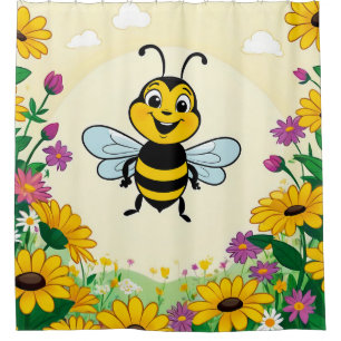 Happy Bee In Colourful  Flowers  Shower Curtain