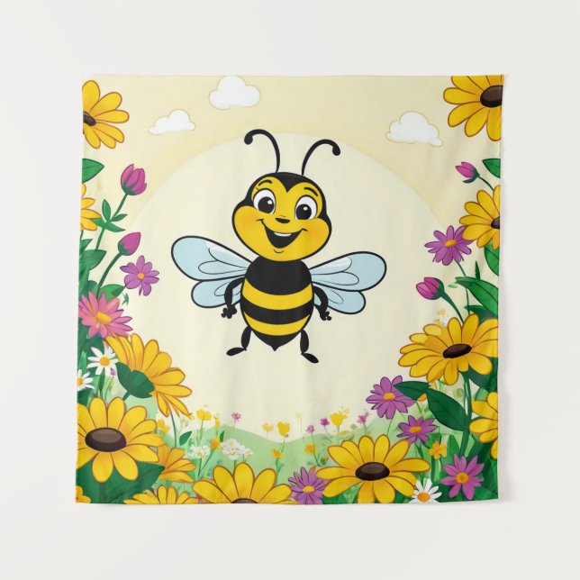 Happy Bee In Colourful  Flowers  Tapestry (Front)