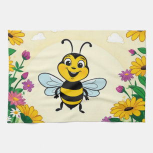 Happy Bee In Colourful  Flowers  Tea Towel
