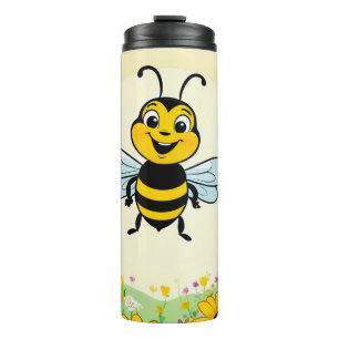 Happy Bee In Colourful Flowers Thermal Tumbler