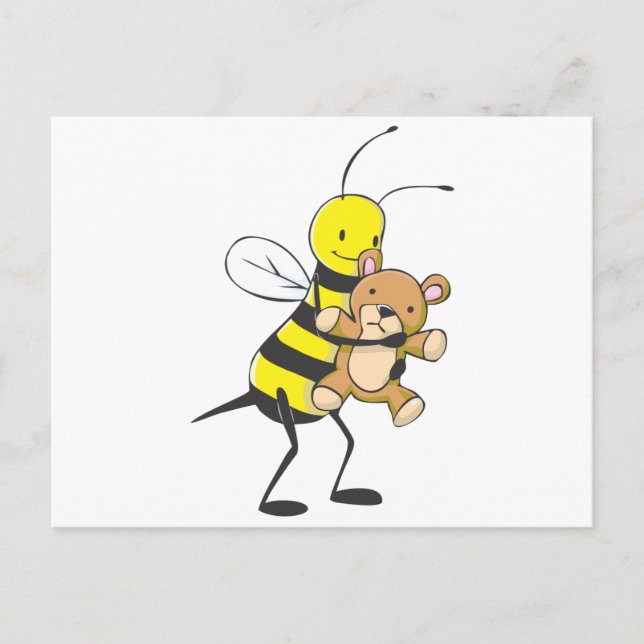 Happy Bee Playing with Teddy Bear Postcard (Front)
