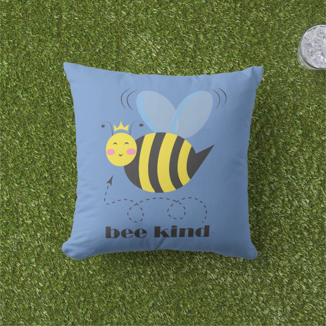 Happy bee princess with crown and slogan Bee Kind Cushion (Grass)