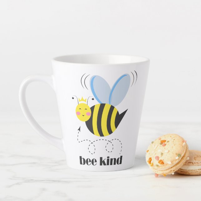 Happy bee princess with crown and slogan Bee Kind Latte Mug (In Situ)