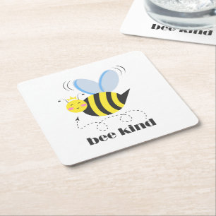 Happy bee princess with crown and slogan Bee Kind Square Paper Coaster