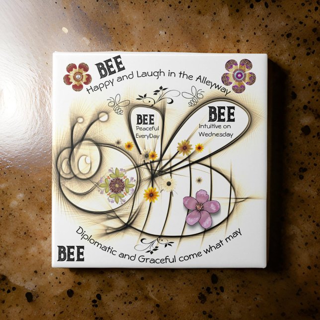 Happy Bee Sayings Flowers Positive Ceramic Tile (Creator Uploaded)
