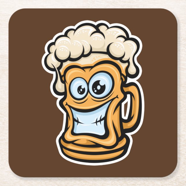 Happy Beer Mug, Funny Illustration Square Paper Coaster (Front)