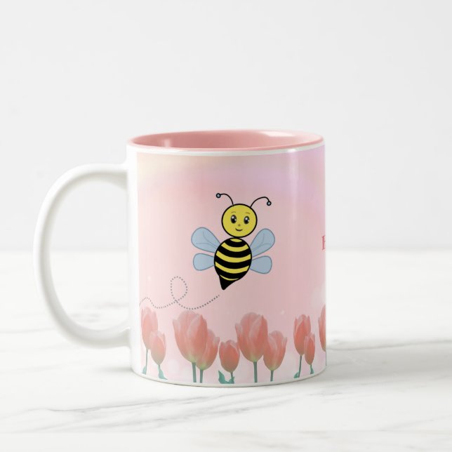 Happy Bees and Pink Tulips Two-Tone Coffee Mug (Left)