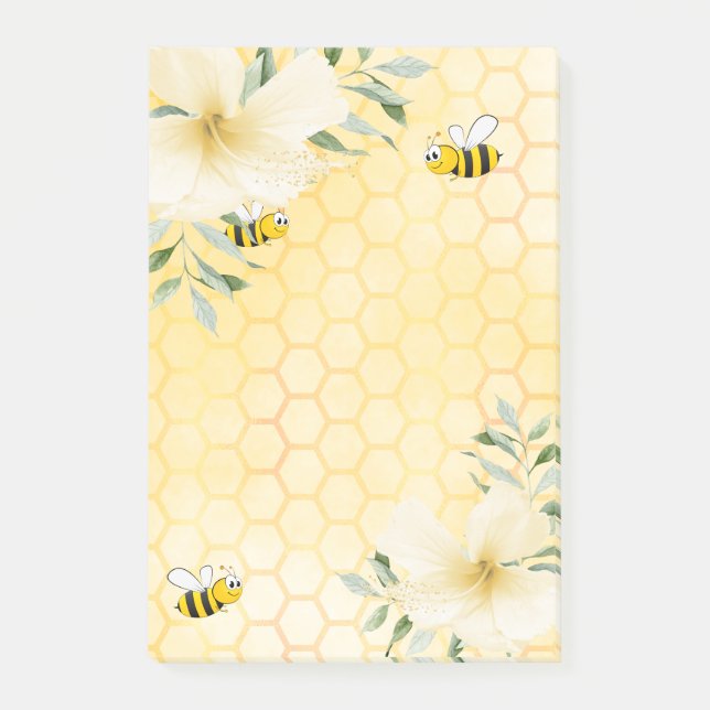 Happy bees honeycomb pattern tropical florals post-it notes (Front)