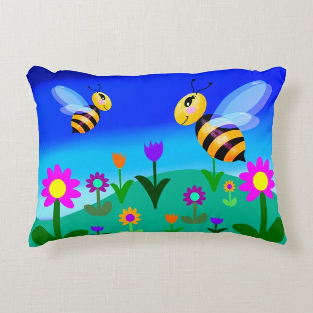 Happy bees in a flower field decorative cushion (Front)