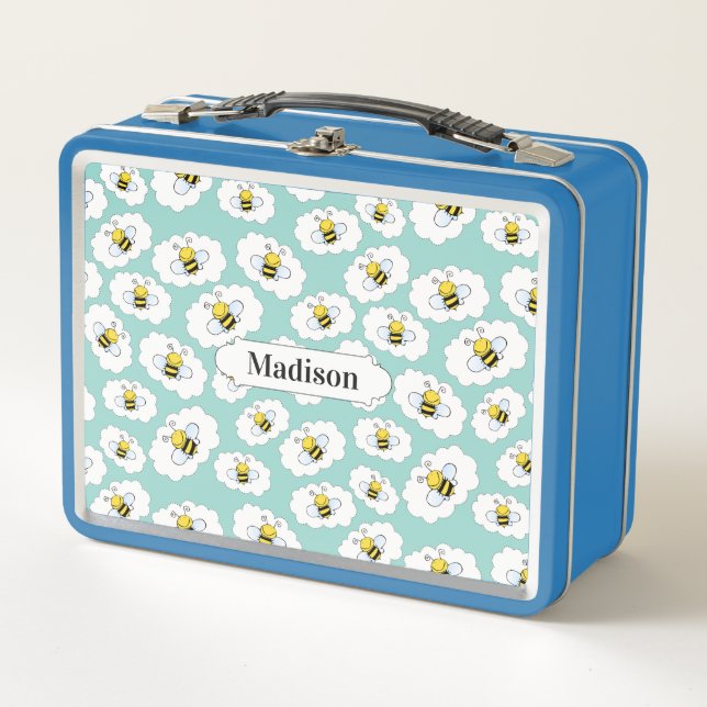 Happy Bees Pattern custom name lunch boxes (Front)