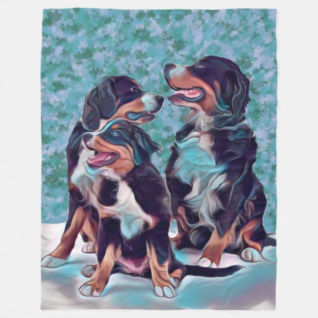 Happy Bernese Mountain Dogs Fleece Blanket (Front)