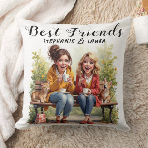 Happy Best Friends Coffee With Cat And Dog Flower Cushion