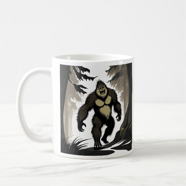 Happy Bigfoot in Woods Coffee Mug (Left)