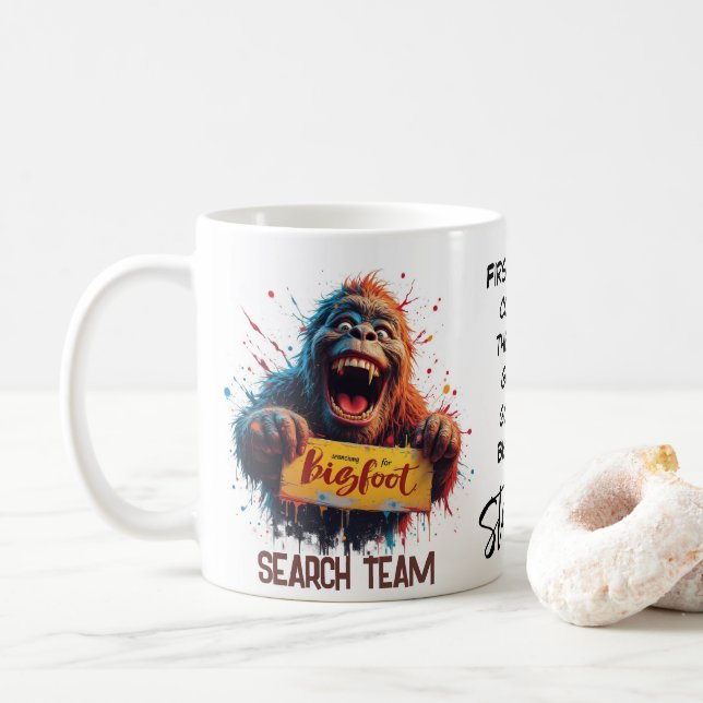 Happy Bigfoot Sasquatch Mugshot Search Team Coffee Mug (With Donut)