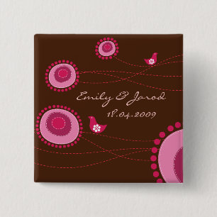 Happy Birds Pink Dots Cute Flowers Wedding Button